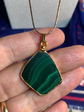 Vintage Malachite Pendant Necklace Gold Tone Large Statement Stone 24” Genuine